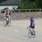 Celebration at completing a lap without falling off!